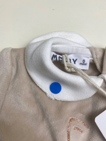 Tutina neonato in velluto beige con gatto e stampa leopardata - difetto su collo