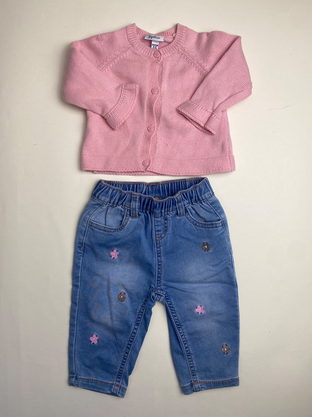 Completo Cardigan Rosa e Jeans Ricamati per Neonata