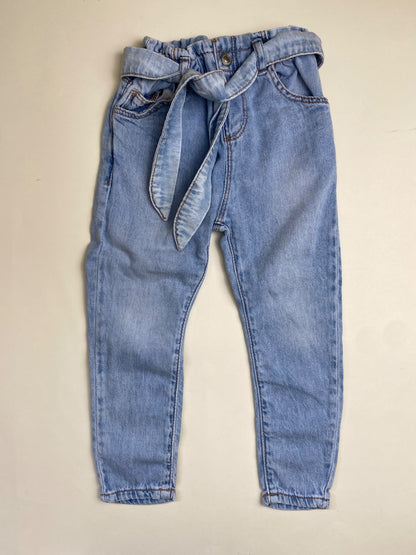 Jeans Bambina con Vita Paperbag e Cintura in Denim