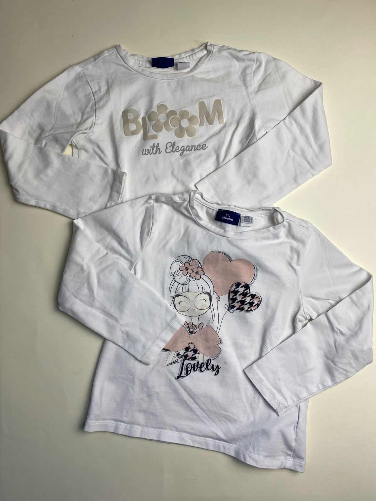 Set 2 T-shirt Maniche Lunghe Bambina Bianche con Stampe