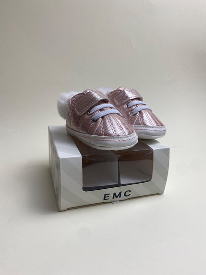 Scarpine neonato rosa metallizzato con pelo e velcro