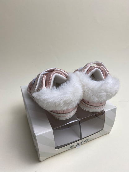 Scarpine neonato rosa metallizzato con pelo e velcro