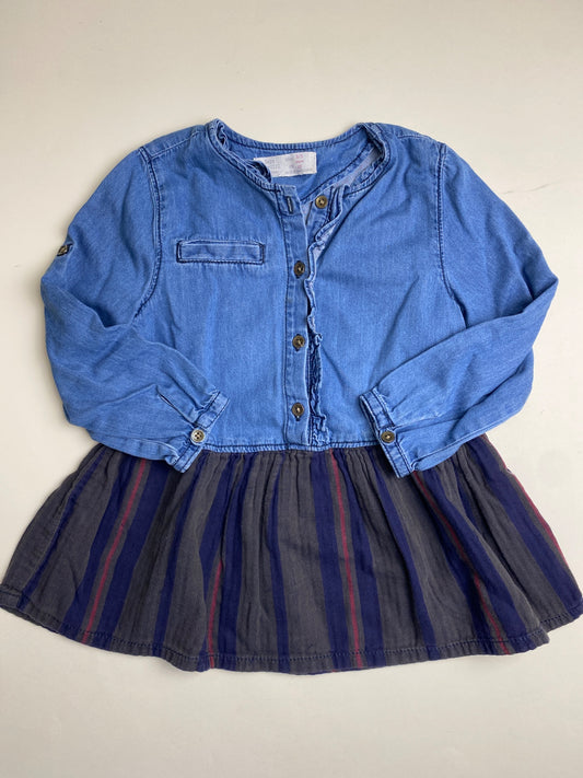 Abito Bambina Effetto Denim e Gonna a Righe