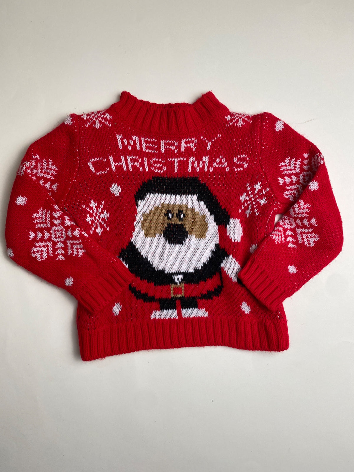 Maglione Natalizio Rosso con Babbo Natale e Fiocchi di Neve