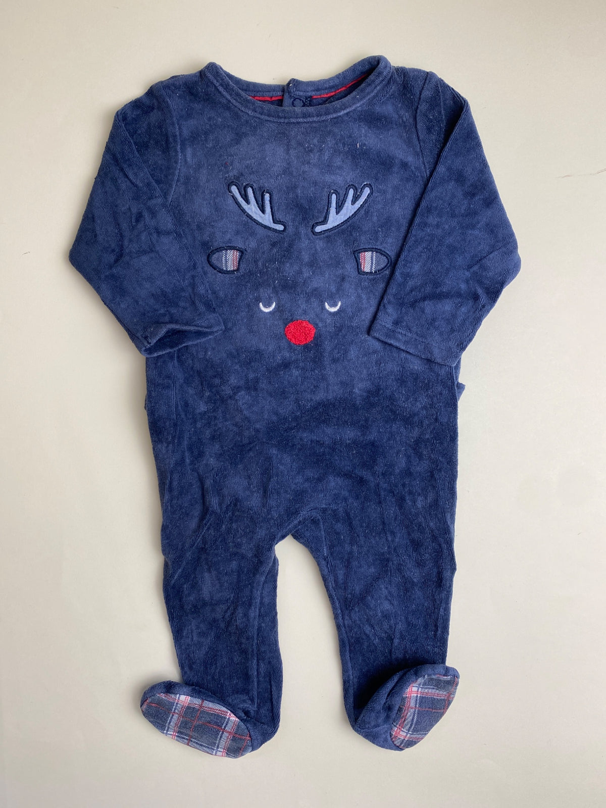 Tutina natalizia in ciniglia blu con renna