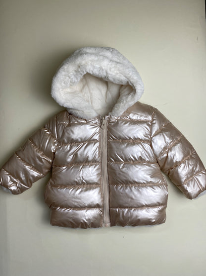 Piumino reversibile in pelliccia Bambina Lucido con Cappuccio in Pelliccia Sintetica