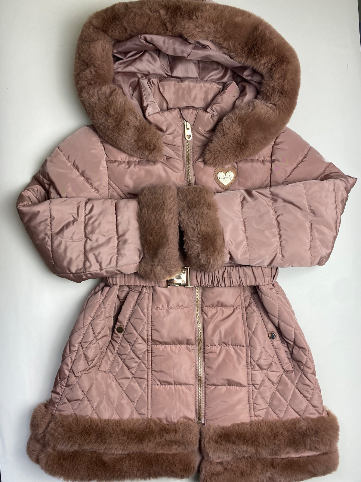 Piumino Bambina Rosa Cipria con Cappuccio e Pelliccia Sintetica