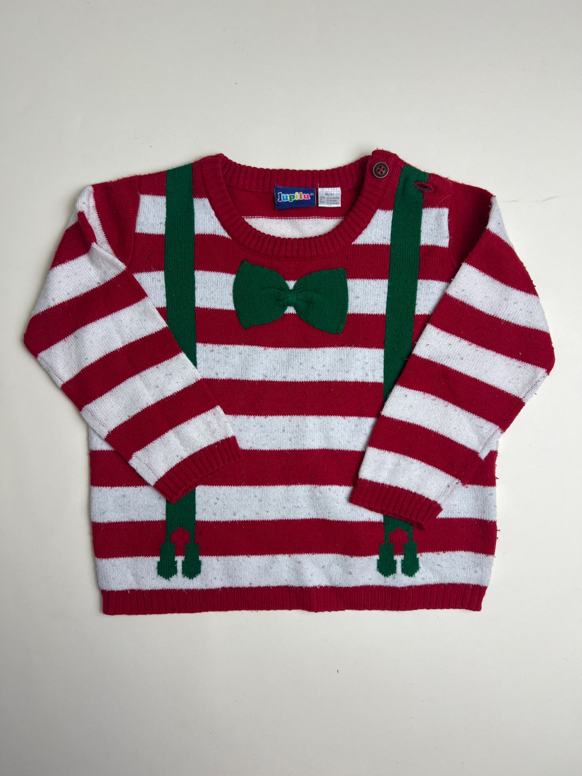 Maglione Lupilu a Righe Rosse e Bianche con Bretelle e Papillon